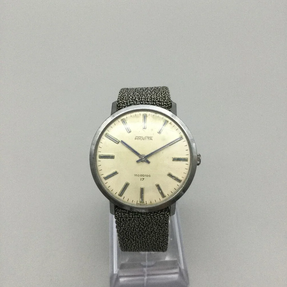 Vintage Provita Incabloc Mens Watch 34mm Silver Tone 17 Jewels Manual Swiss